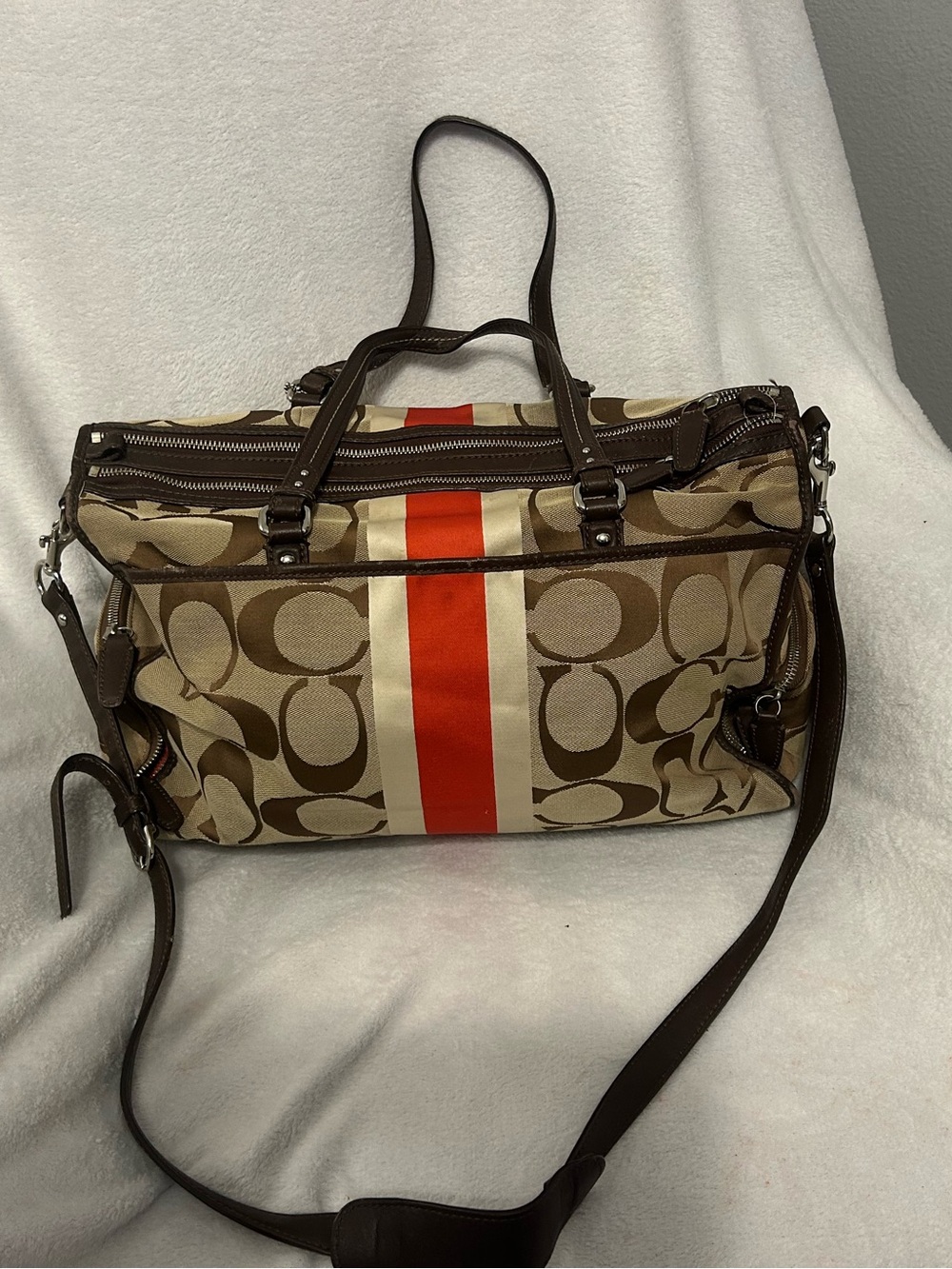 Coach Signature Canvas Travel Diaper Bag with Red Stripe
